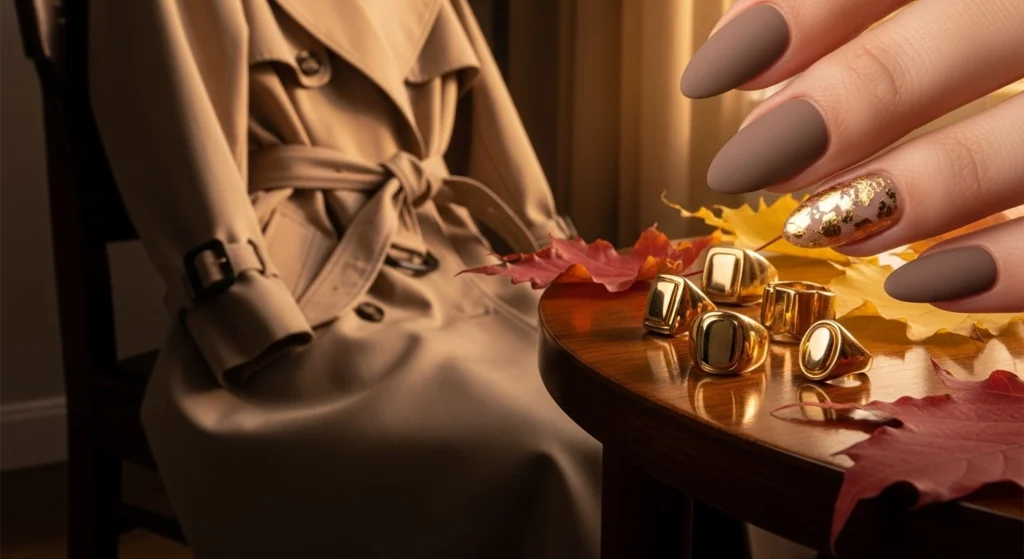 Matte-Taupe-with-Gold-Accents-Nails