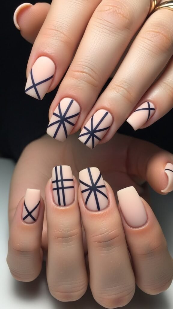 12. Matte Beige With Geometric Lines Nail