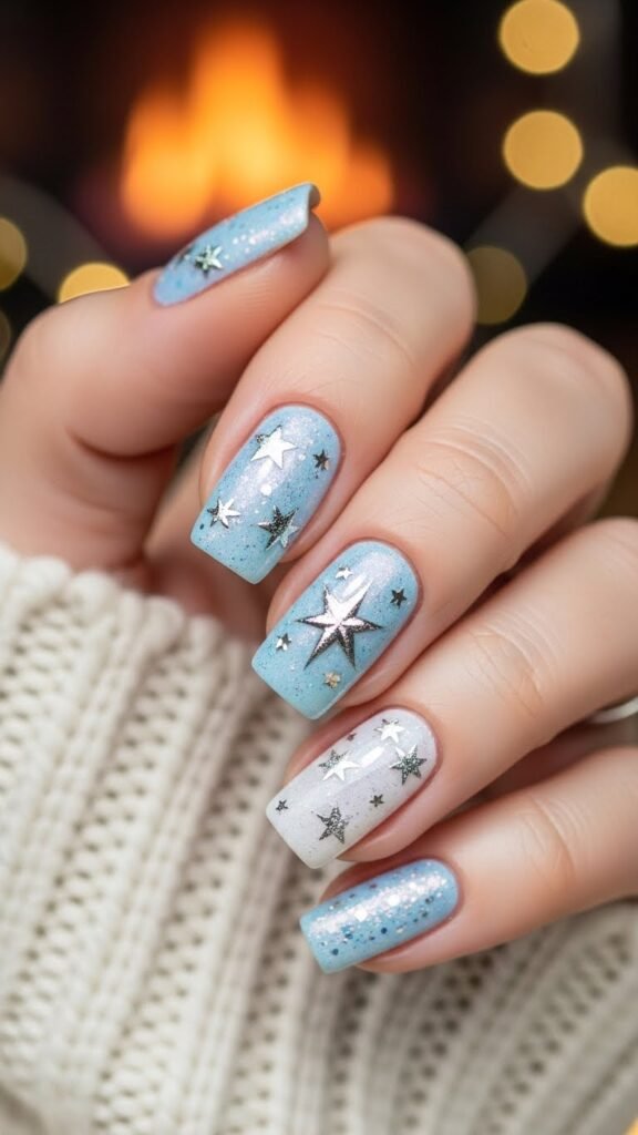 15. Winter Sparkly Nails with Star Accents
