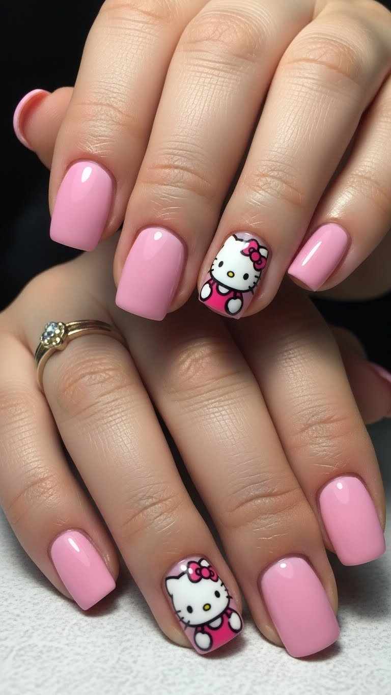1. Classic Pink Hello Kitty Nails