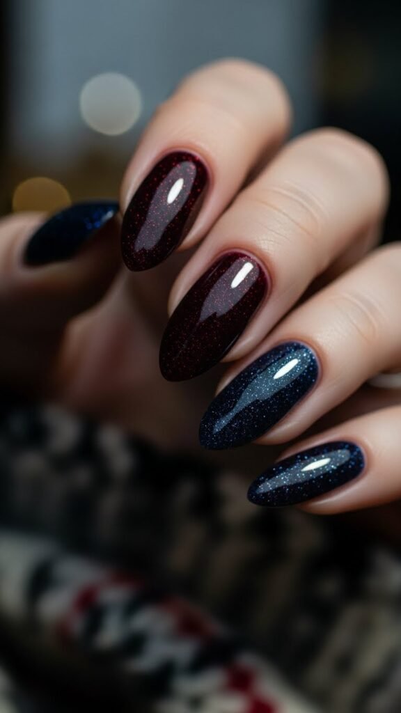 6. Dark Winter Nails with Glitter Overlay