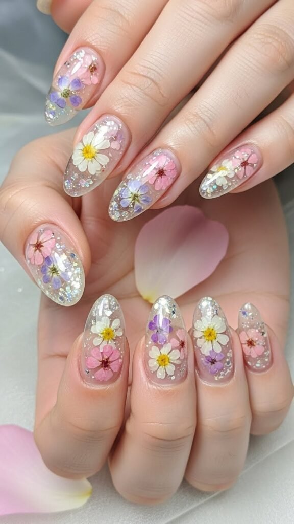 14. Transparent Bridal Shower Nails with Floral Details