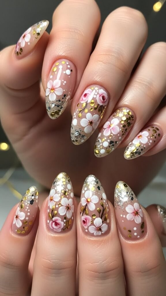 24. Floral Glitter New Year Nails