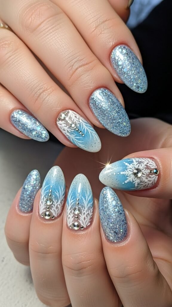 11. Icy Blue Sparkly Winter Nails