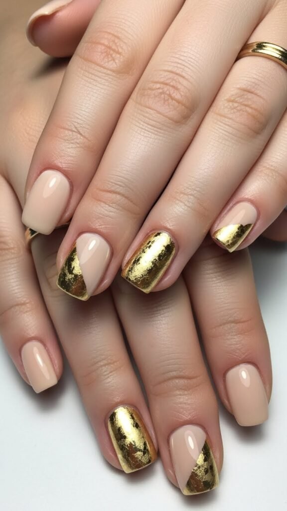 2. Beige And Gold Foil Nail
