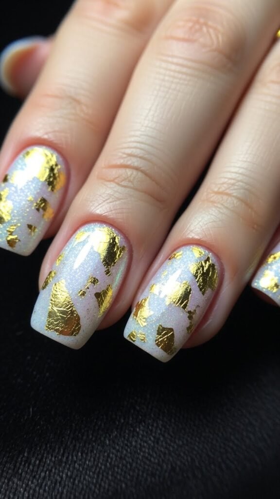 20. Winter Sparkly Nails with Gold Foil