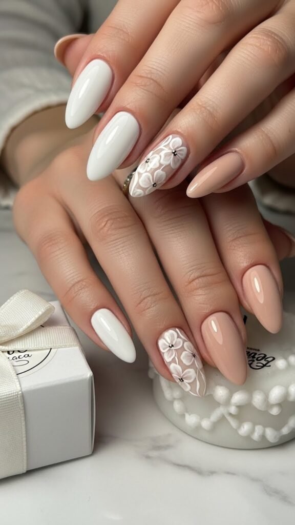 19. White and Nude Combination Bridal Shower Nails