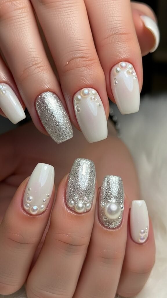 23. Winter Sparkly Nails with Pearl Details