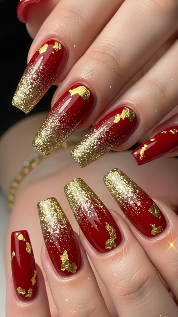 4. Red and Gold Festive New Year Nails