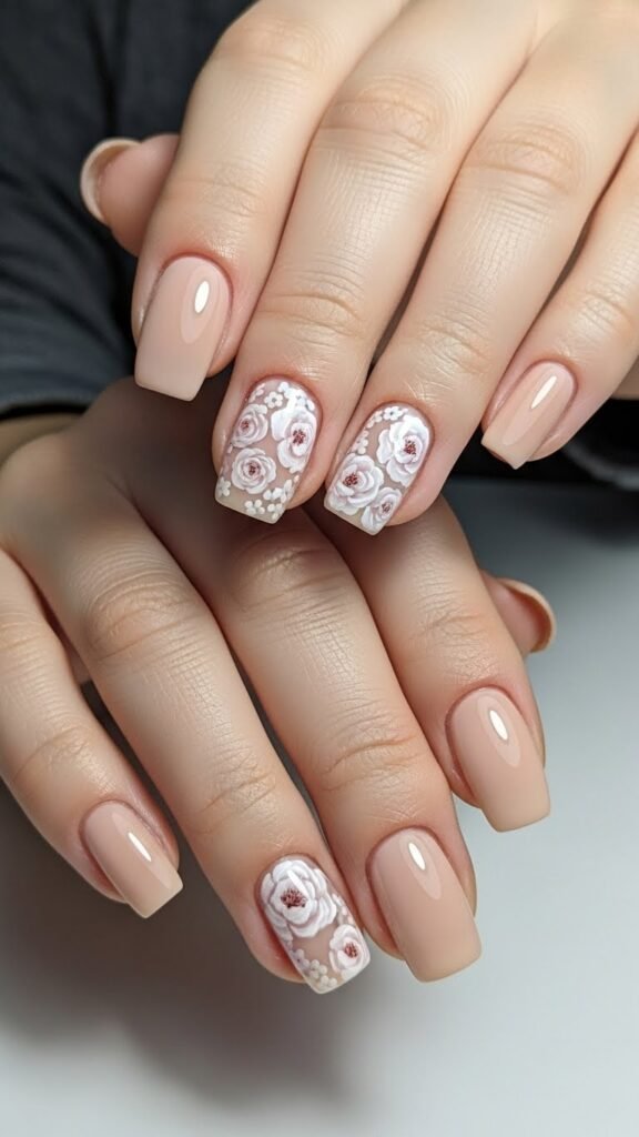 15. Floral Beige Accent Nail