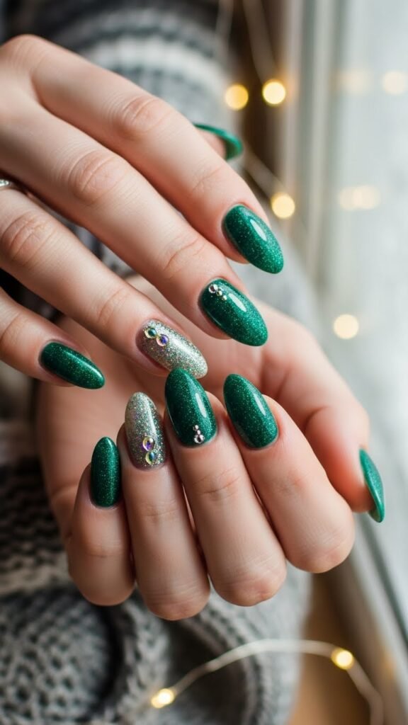19. Emerald Green Sparkly Winter Nails