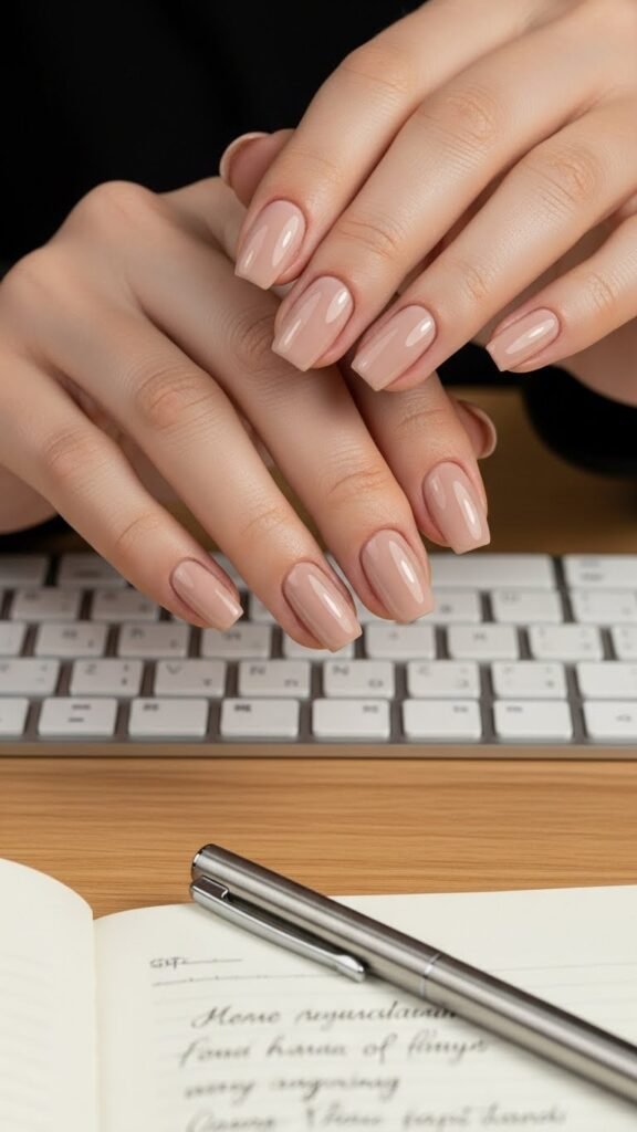 23. Short Neutral Coffin Nails for Office