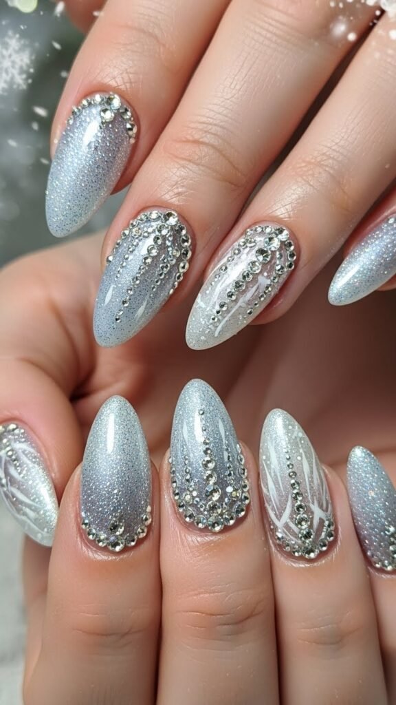12. Winter Sparkly Nails with Rhinestone Accents