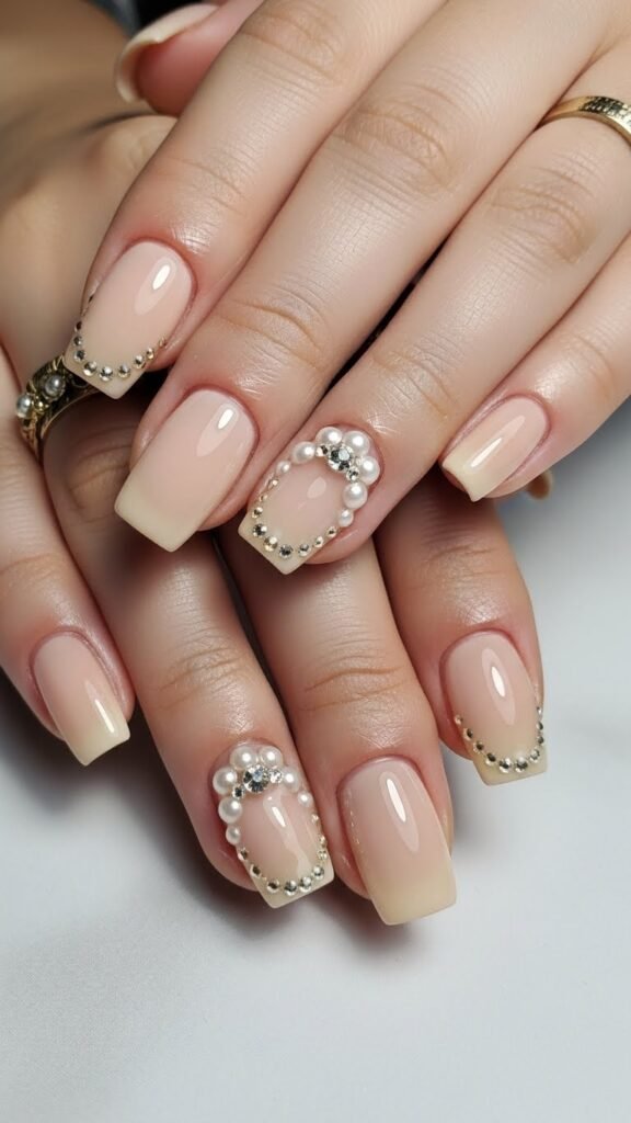 8. Beige With Pearl And Rhinestone Embellishments Nail