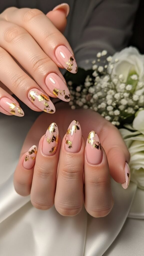 6. Blush Pink Bridal Shower Nails with Gold Foil