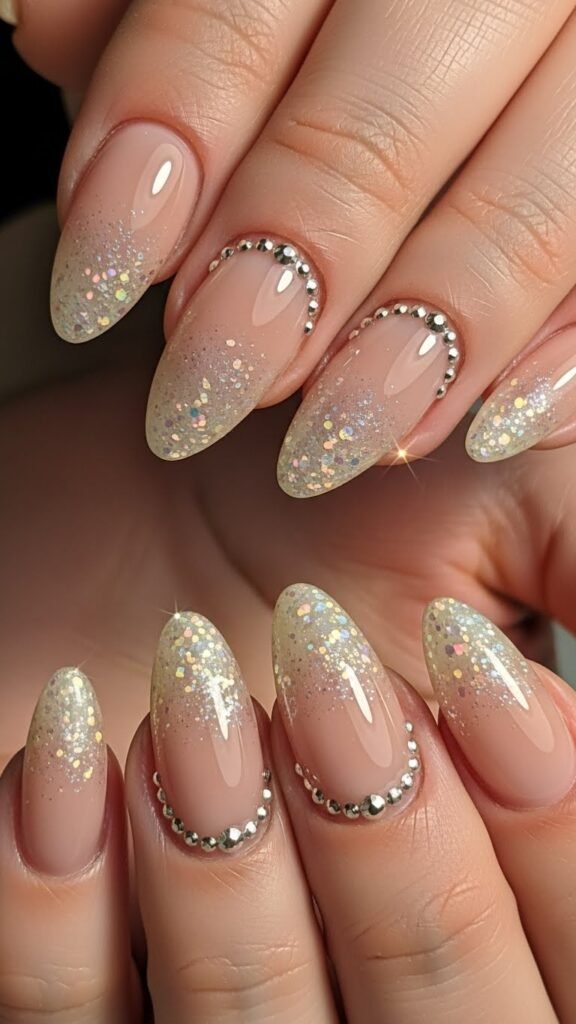 25. Bridal Shower Nails with Subtle Rhinestones