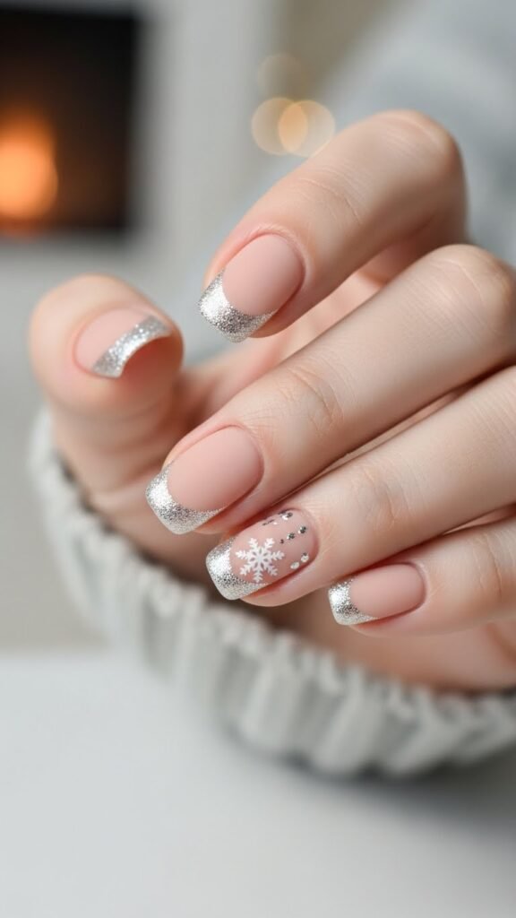 2. Nude Winter Nails with Sparkly Glitter Tips