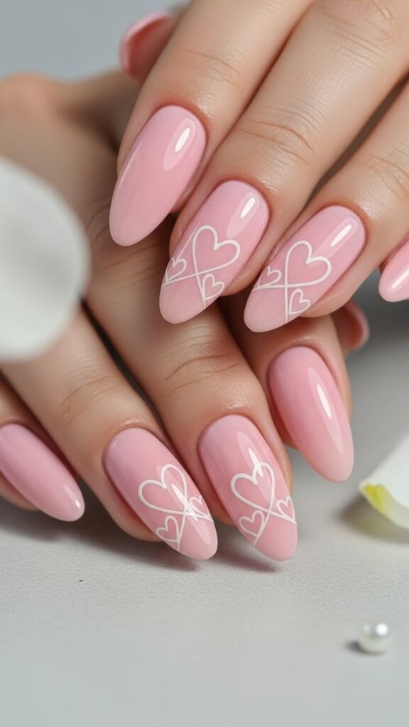 10. Soft Pink Nails with White Line Art Hearts