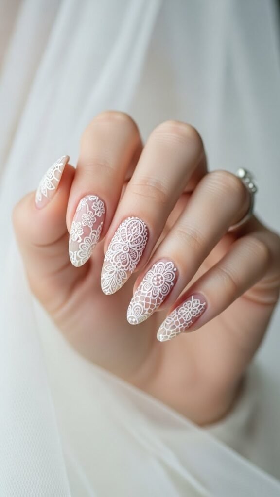 8. Lace-Inspired Bridal Nails