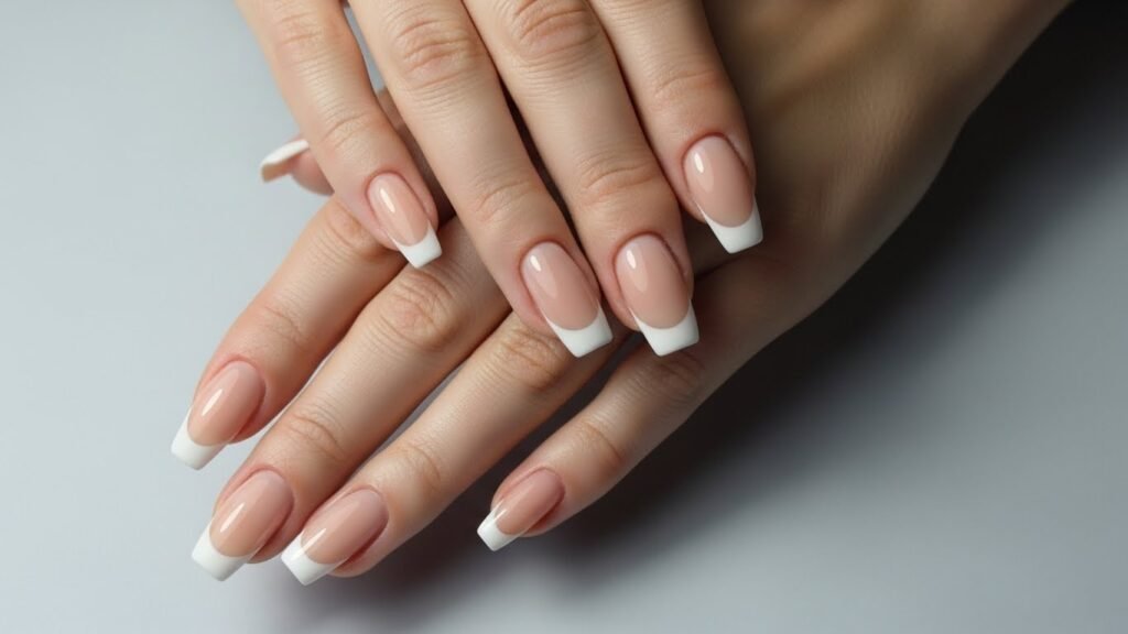 3. Classic French Tip on Nude Base