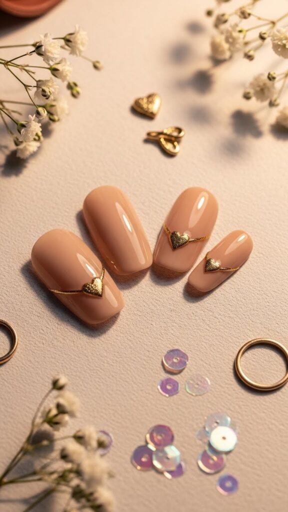 3. Beige Nails with Gold Heart Accents
