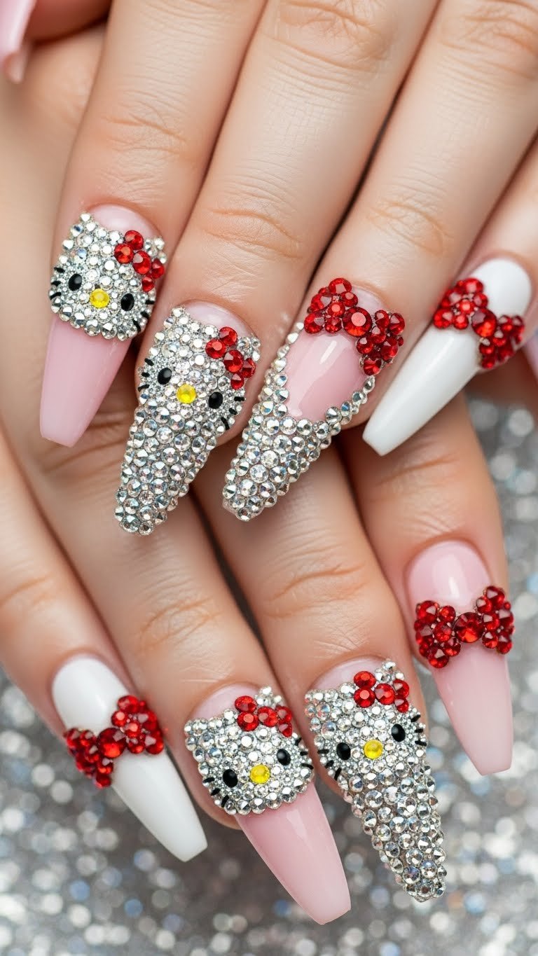 24. Hello Kitty Rhinestone Nails