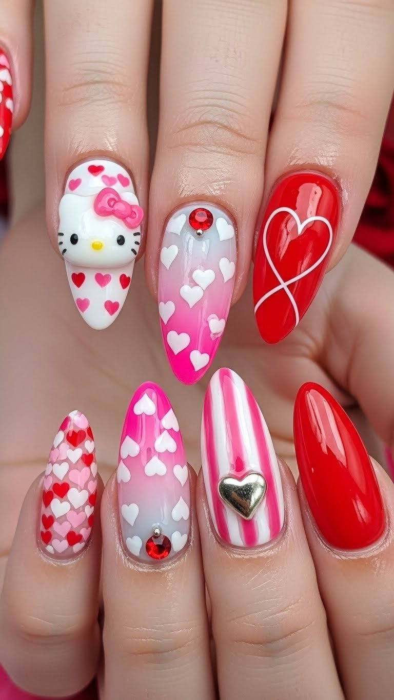 12. Hello Kitty Valentine Nails