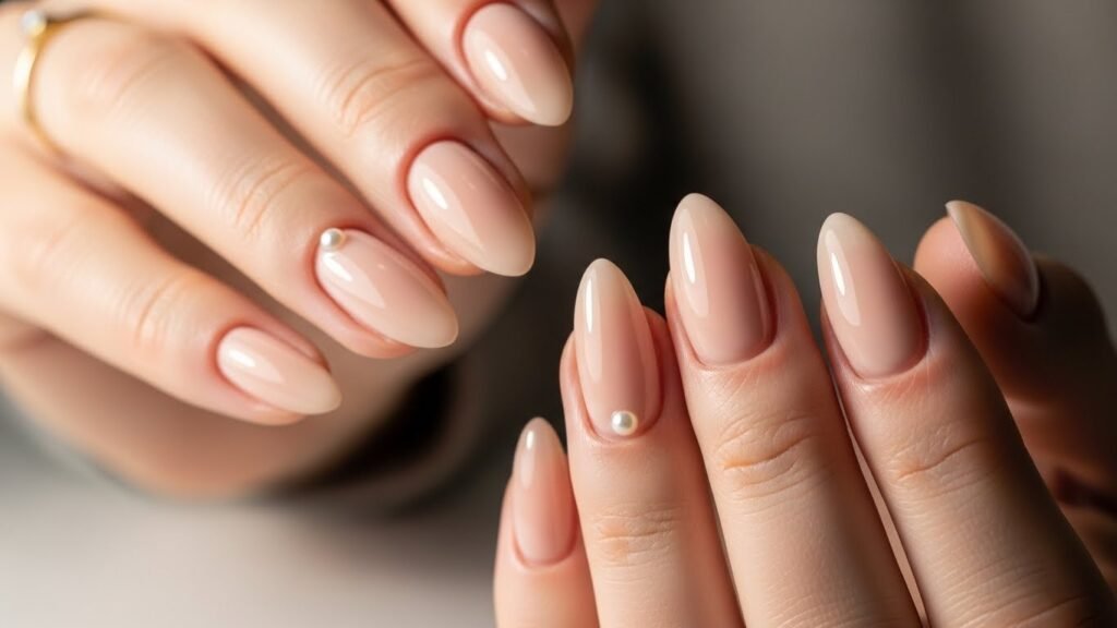 14. Nude Nails with Tiny Pearl Accent