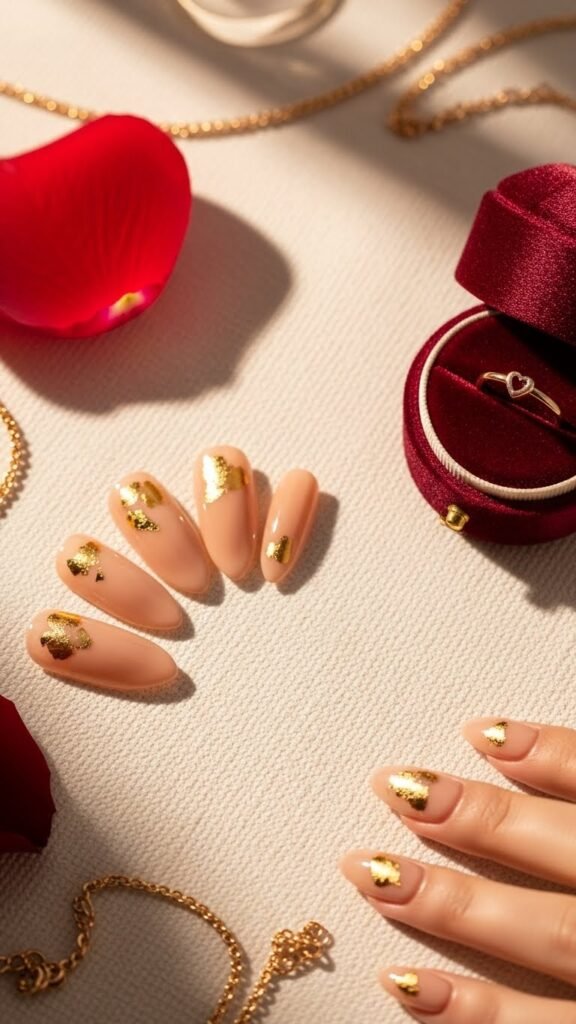 18. Warm Beige Nails with Gold Foil Heart Accents