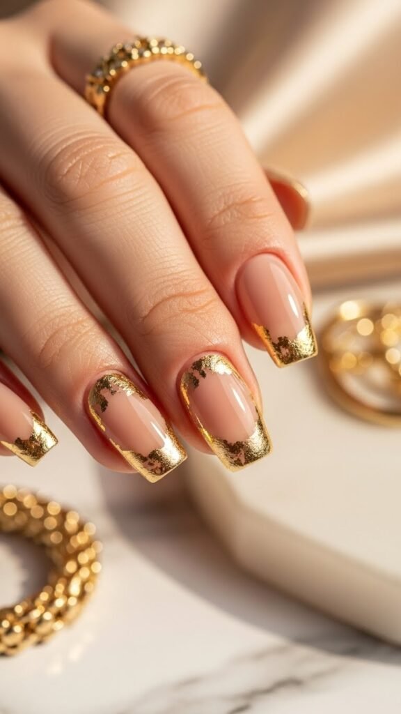 20. Nude Nails with Gold Leaf Tips
