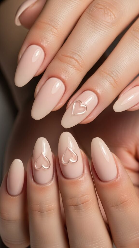 9. Matte Nude Valentine Nails with Glossy Heart Detail
