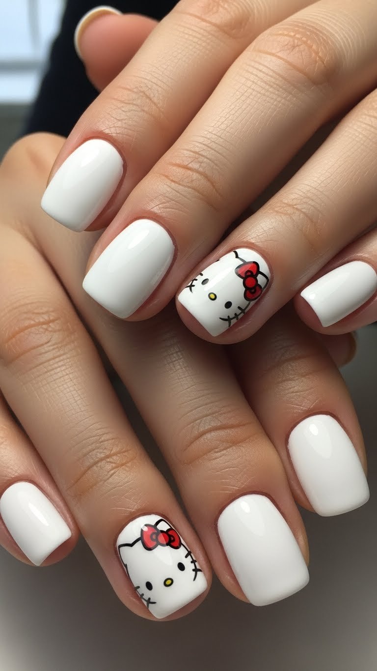 17. Hello Kitty White Nails