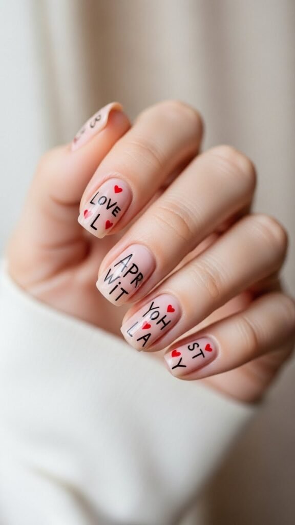 14. Nude Nails with Minimal Love Letter Nail Art