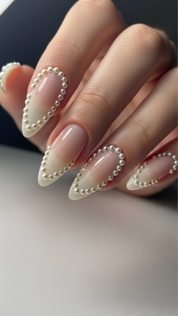 8. Cream Nails with Pearl Valentine Accents