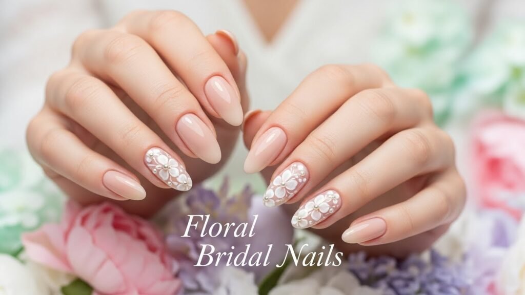 11. Floral Accent Bridal Nails