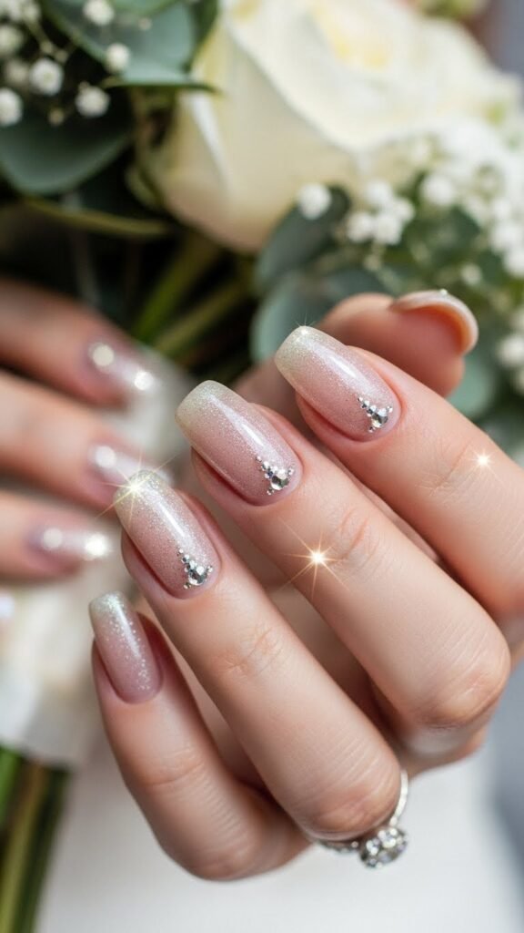 23. Neutral Bridal Nails with Sparkles