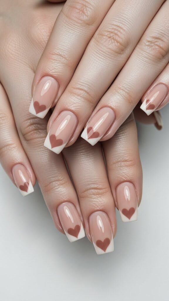 15. Beige Nails with Heart-Shaped French Tips