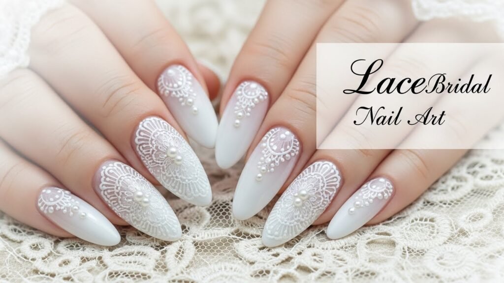 8. Lace Inspired White Bridal Nail Art