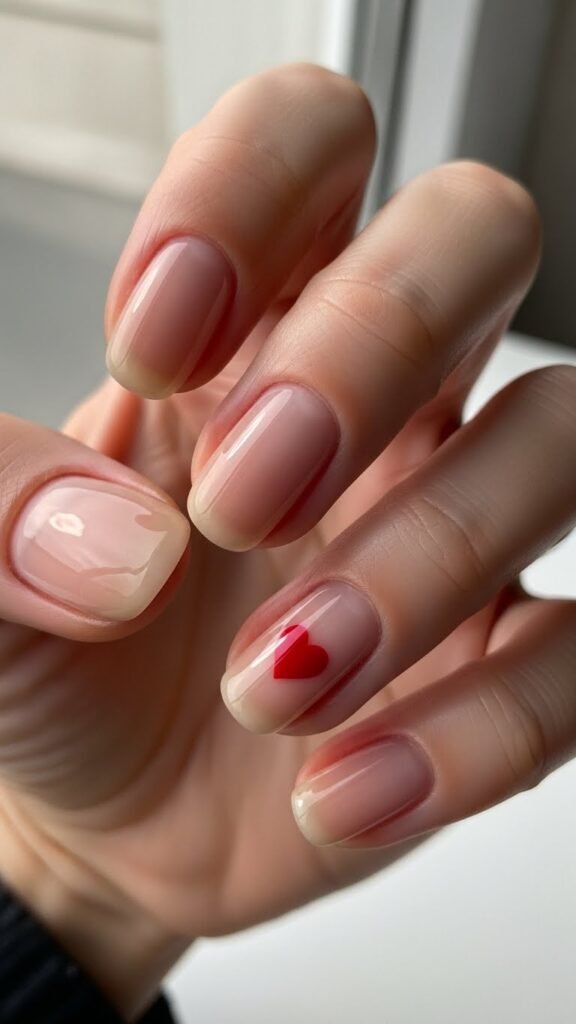 11. Neutral Nails with a Single Tiny Red Heart Accent