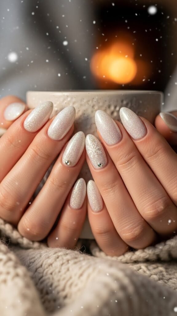 3. White Winter Sparkly Nails Inspired by Snow