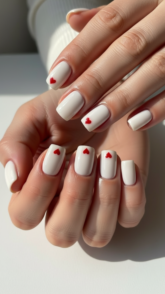 2. Milky White Valentine Nails with Subtle Heart Details