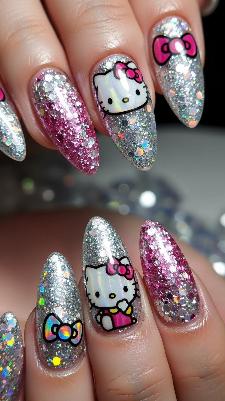 6. Glitter Hello Kitty Nails