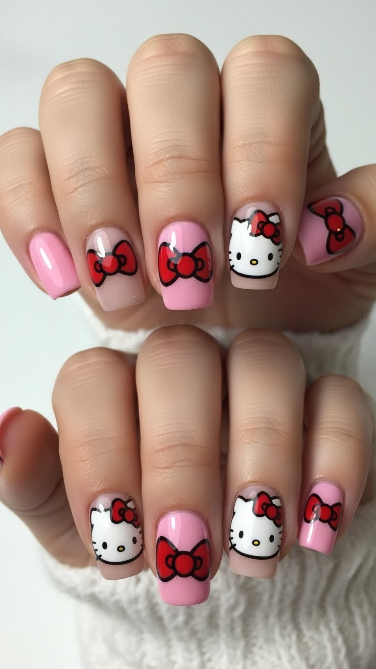 4. Red Bow Hello Kitty Nails