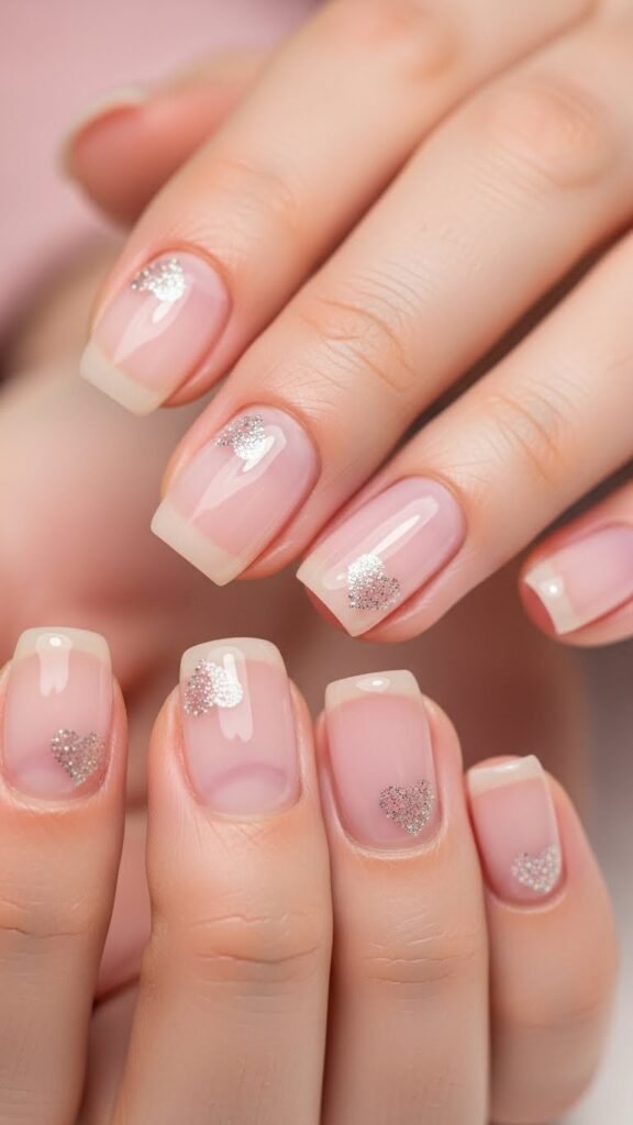 12. Sheer Pink Valentine Nails with Glitter Heart Accents