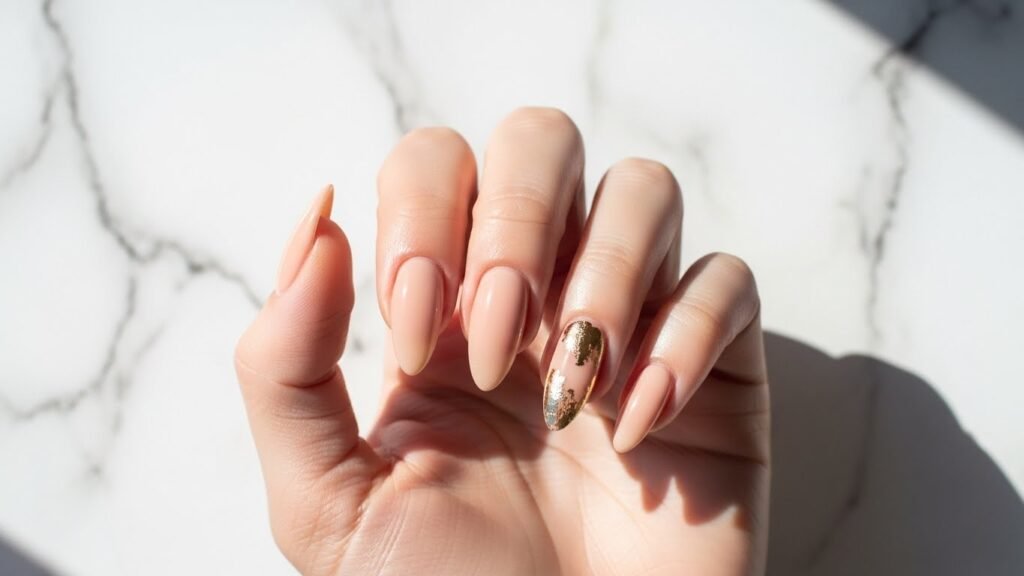 1. Elegant Nude Almond with Gold Foil Accent