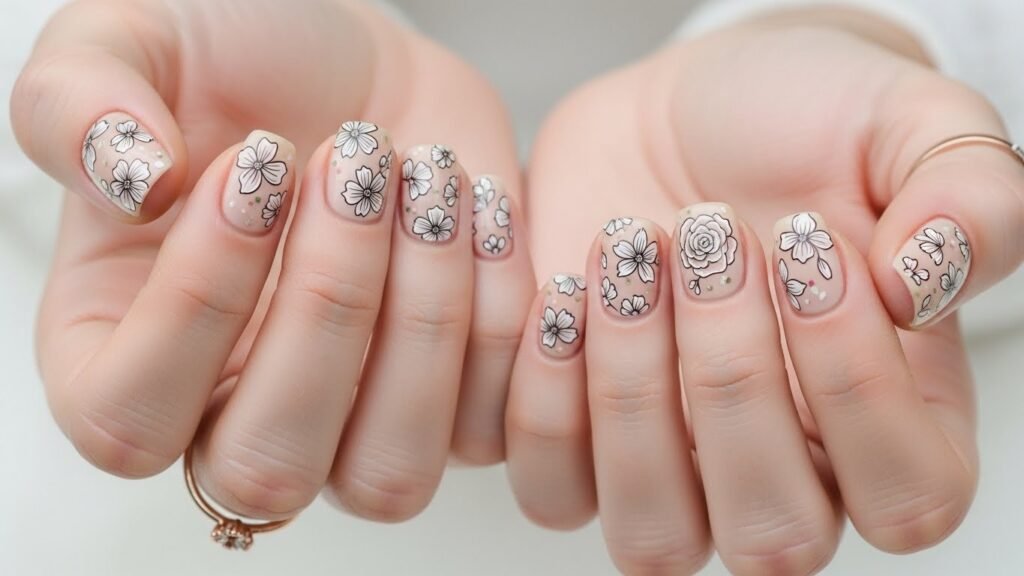 24. Beige Nails with Floral Outlines