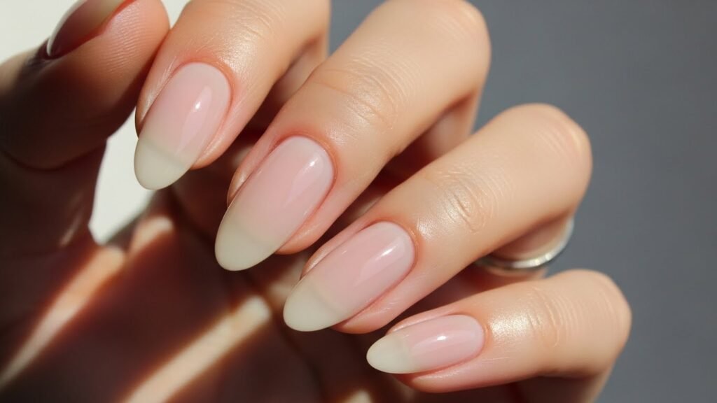 “Almond or oval-shaped nails in milky pink nude with sheer, translucent finish. Minimalist design, soft natural lighting, clean neutral background, elegant and feminine aesthetic, high-resolution for Pinterest.”