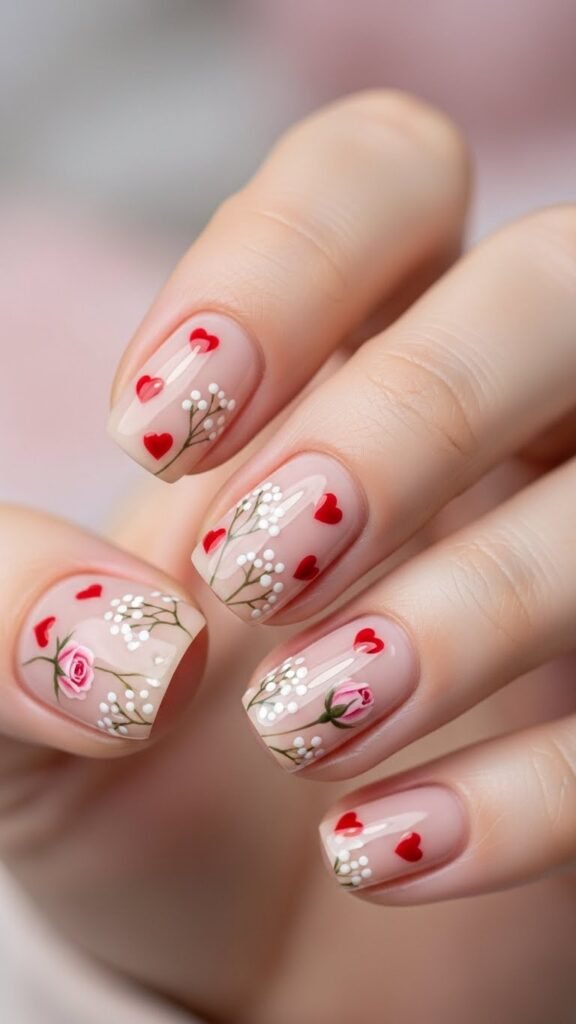 17. Nude Nails with Micro Floral Valentine Details