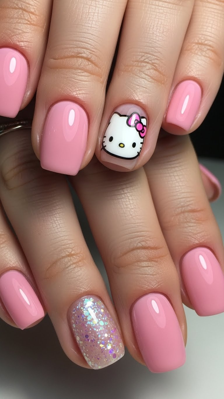 19. Hello Kitty Glitter Accent Nails