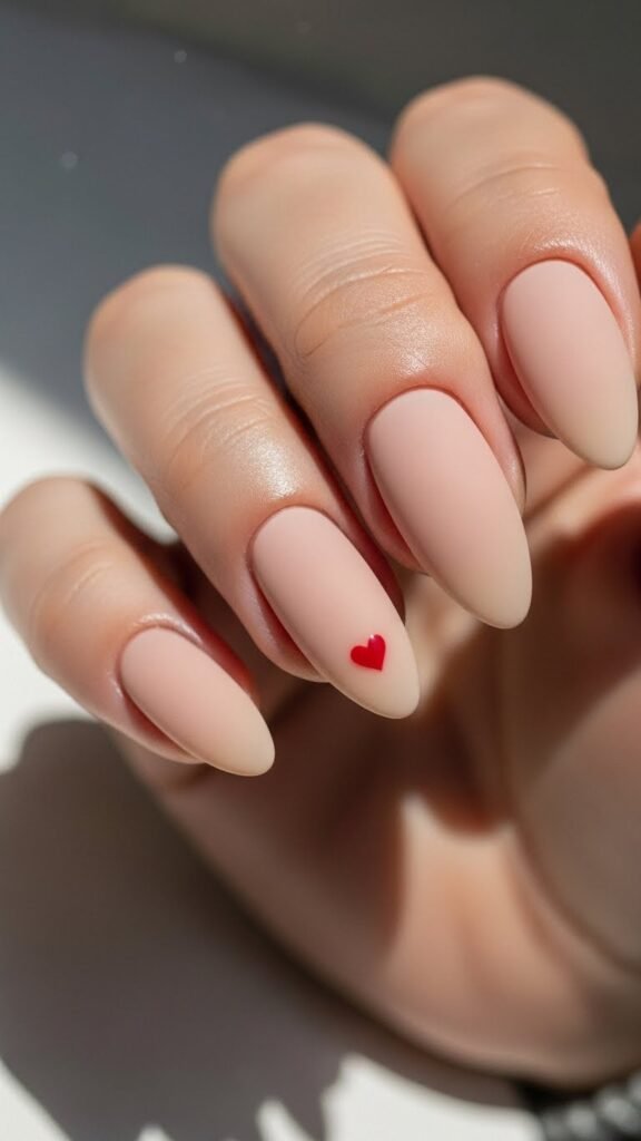 1. Soft Nude Nails with Tiny Heart Accent